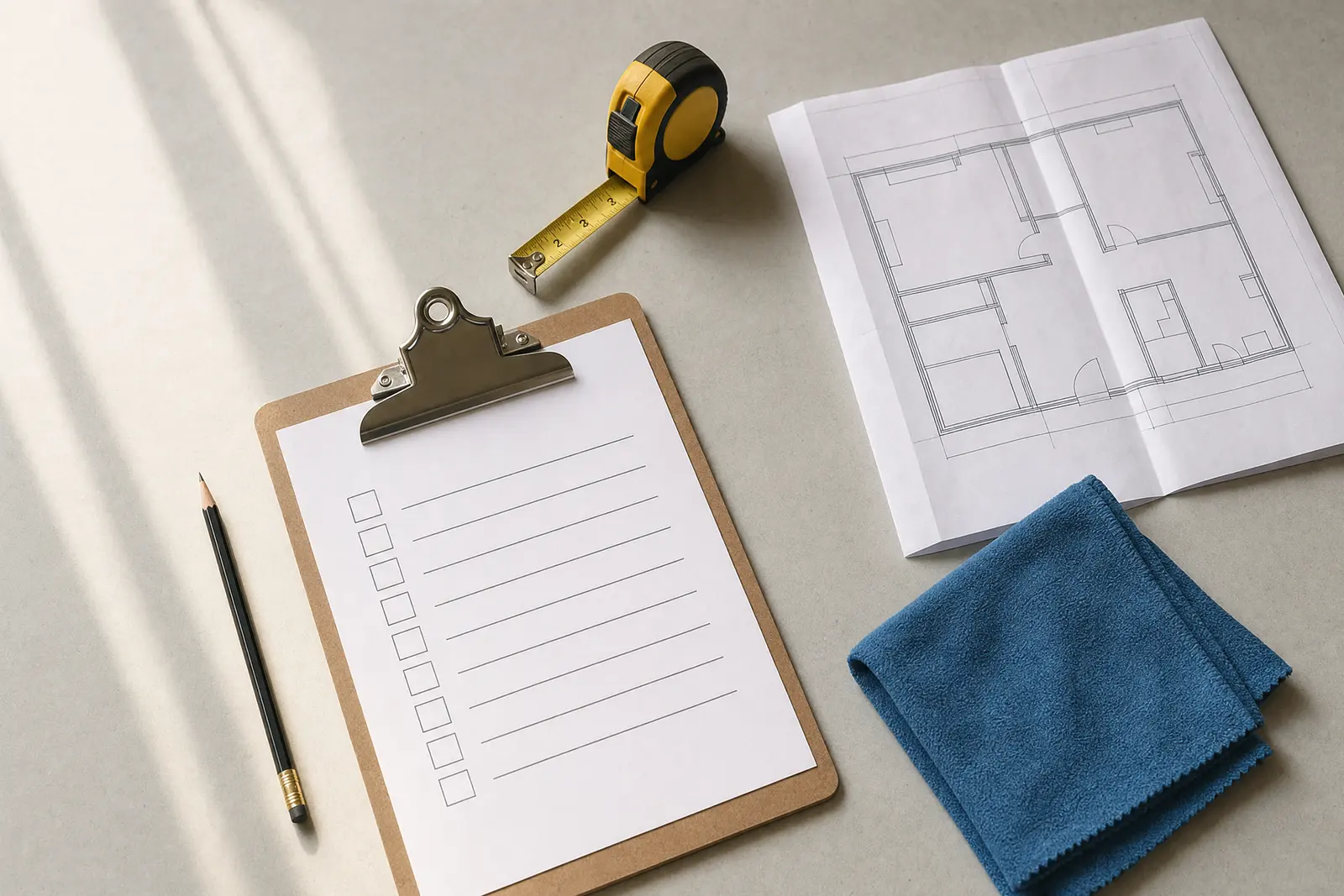 Klemmbrett mit Checkliste, Grundriss, Maßband und Mikrofasertuch auf einem Tisch