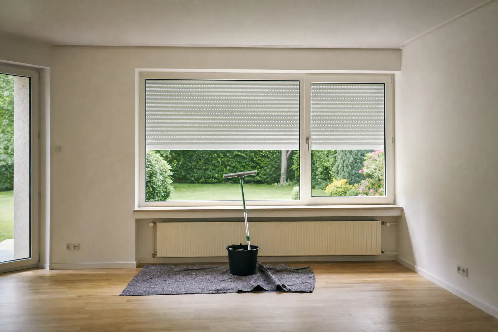 Clean window with a half-lowered roller shutter, squeegee and bucket on a dust sheet below