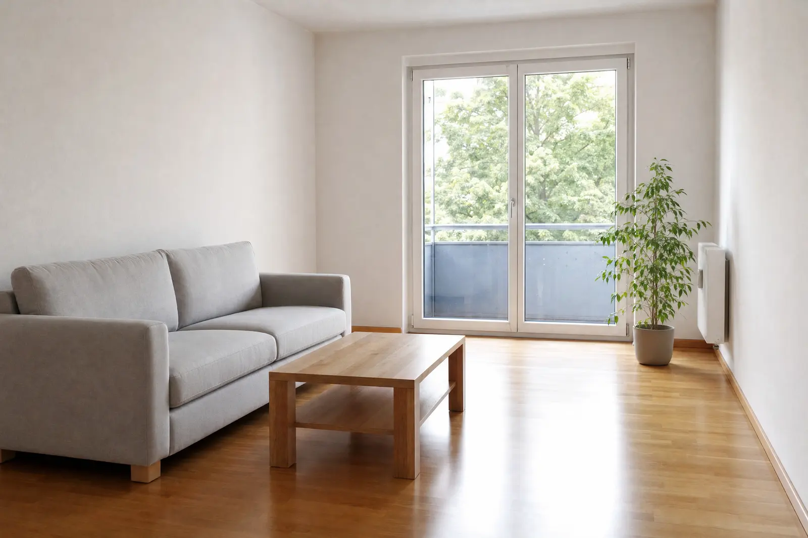 Helles, frisch gereinigtes Wohnzimmer mit sauberer Balkontür und glänzendem Parkett
