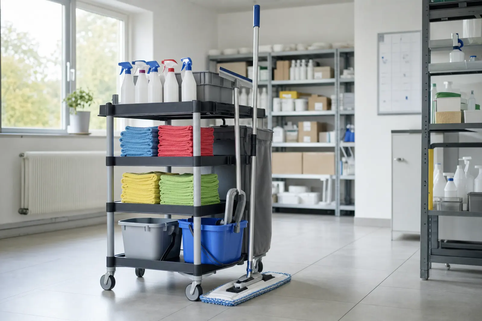 Aufgeräumter Reinigungswagen mit farblich sortierten Mikrofasertüchern und Sprühflaschen