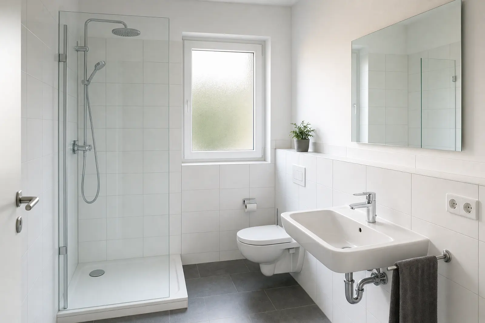 Spotless bathroom with a clear glass shower screen and gleaming chrome fixtures