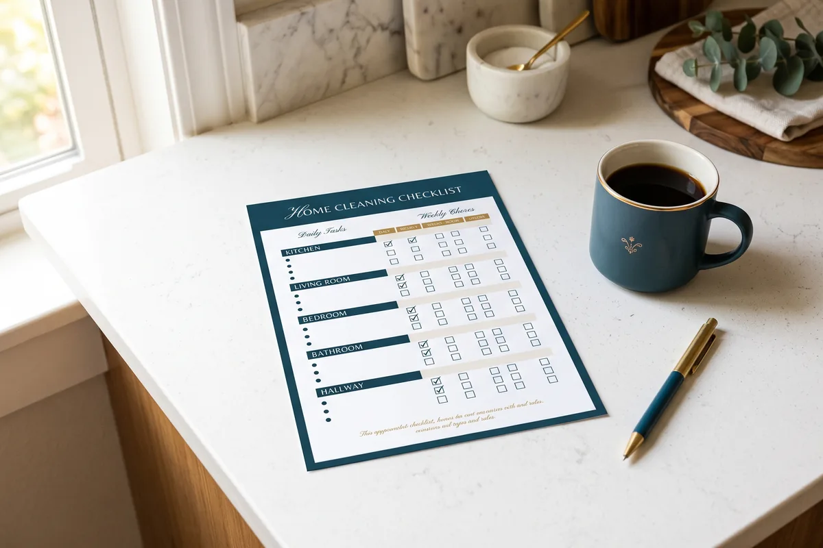 Printed room-by-room cleaning checklist on a kitchen counter next to a coffee mug