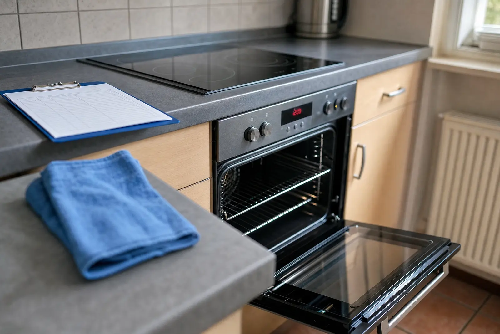 Spotless open oven with clean glass door and racks, a folded microfiber cloth and a blank checklist on the counter