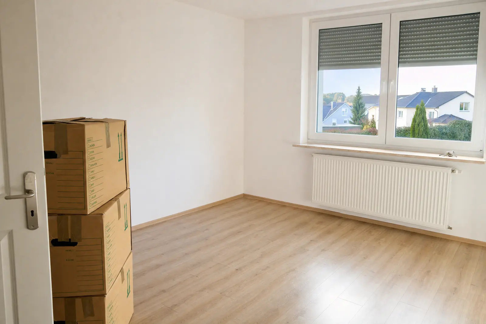 Spotless empty living room on move-out day with moving boxes by the door and keys on the windowsill