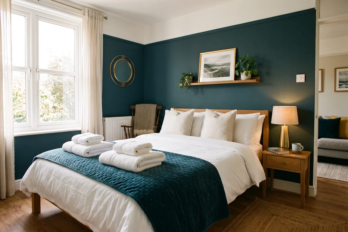 Freshly turned-over TLA apartment with folded towels on the bed