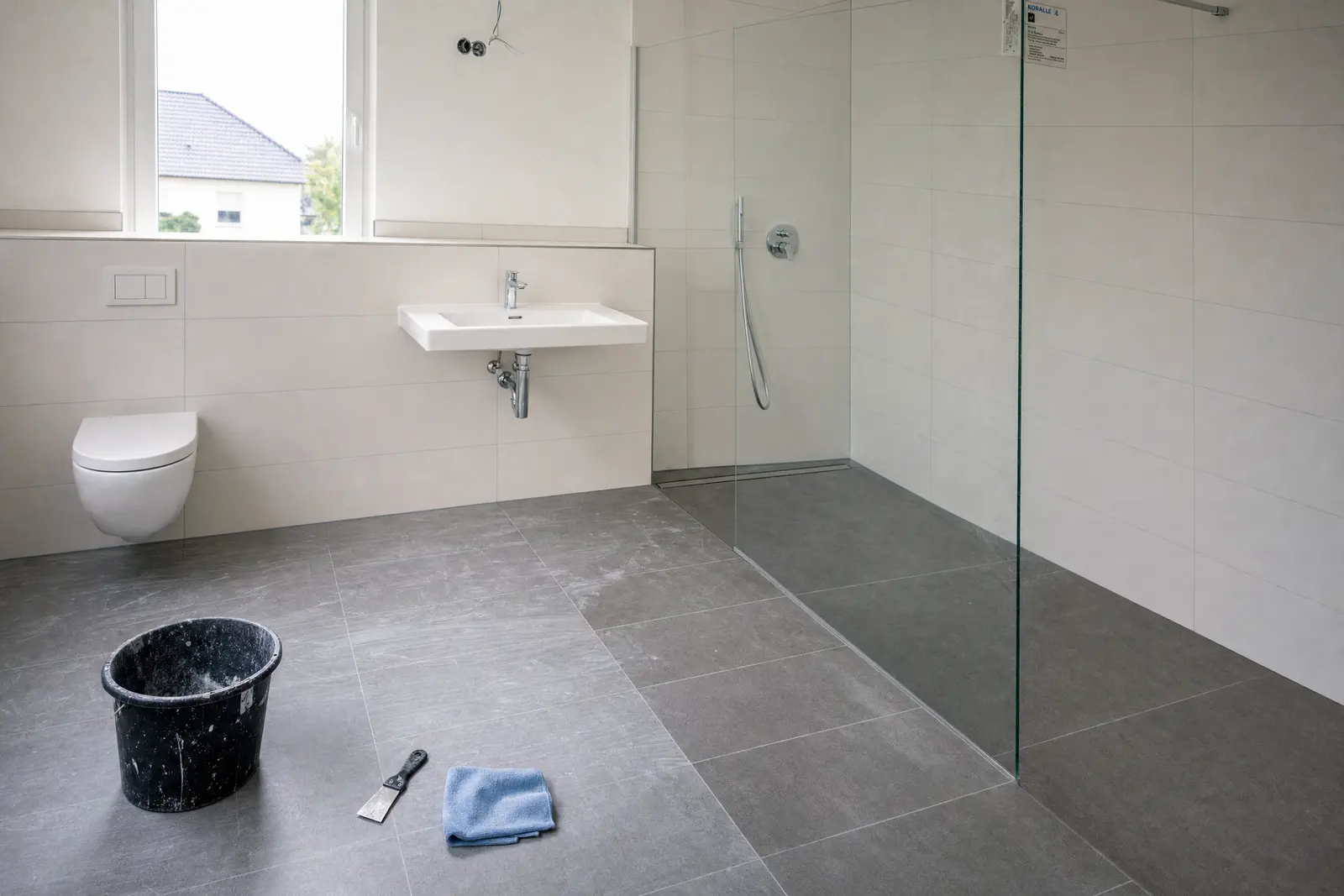 Neubau-Badezimmer vor der Übergabe, Fliesen teils noch mit Fugenschleier, teils schon gereinigt