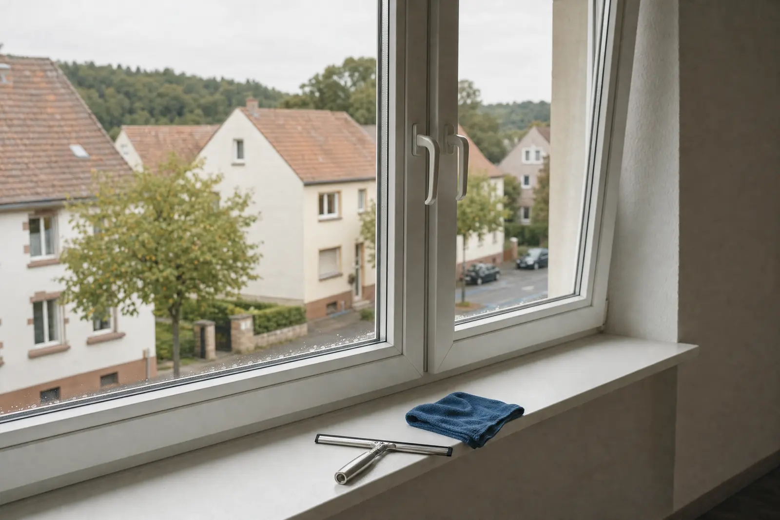 Streifenfrei geputztes Fenster, auf der Fensterbank liegen Abzieher und Mikrofasertuch