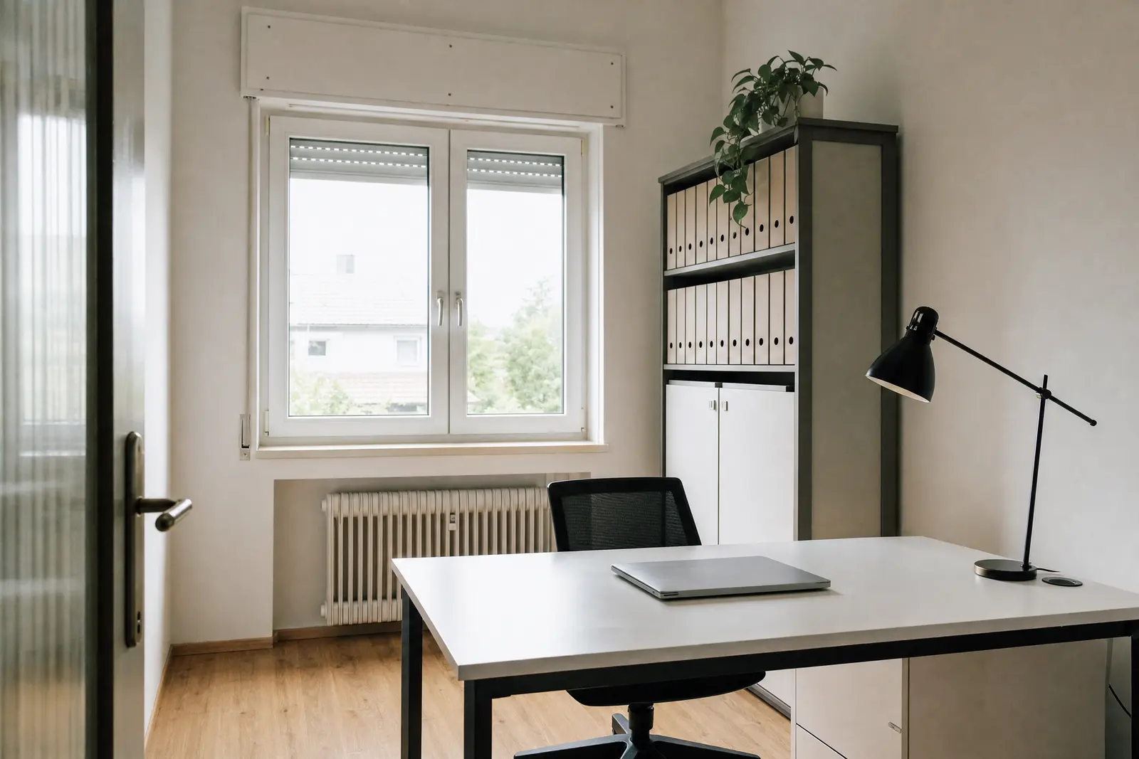 Aufgeräumtes kleines Büro mit sauberem Schreibtisch, Ordnern im Regal und Fenster